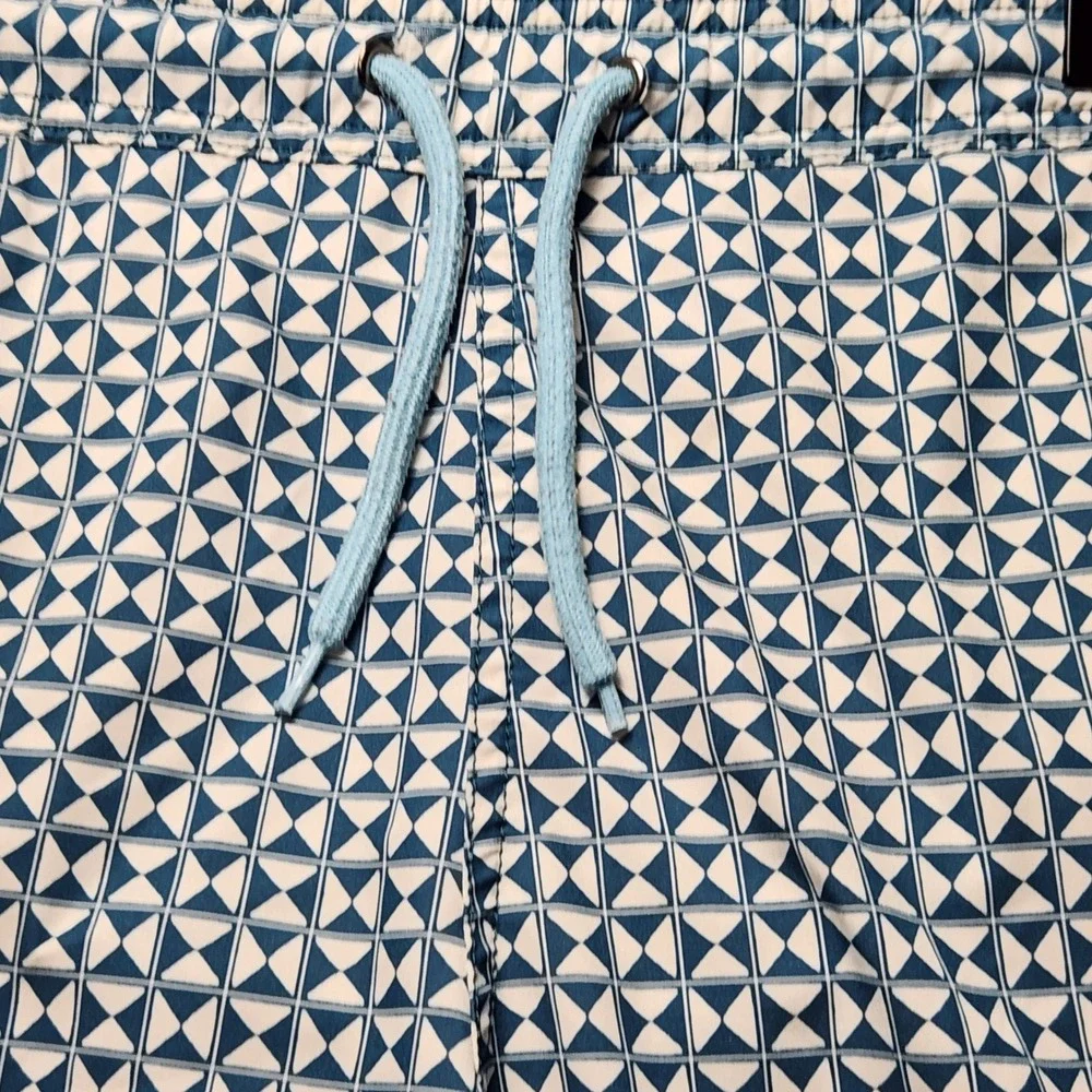J. Crew Swim Trunks Mens L Blue White Geometric Pattern Drawstring Shorts